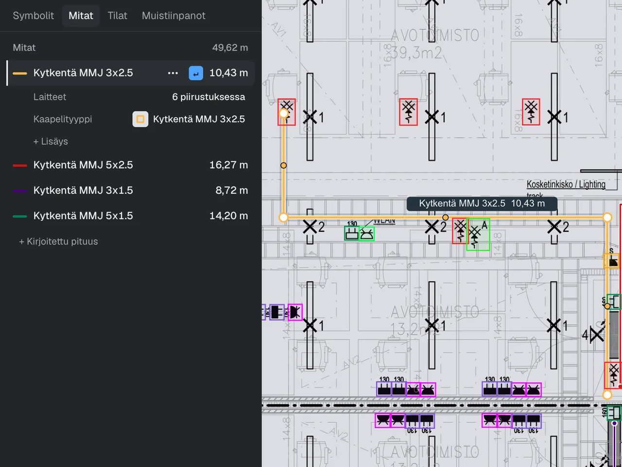 The Measurements view: four measured cable routes listed with their types and lengths, and the selected route on the drawing: Wiring MMJ 3x2.5, 10.43 m.
