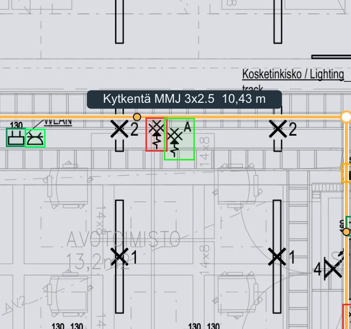 A cable route measured on the drawing and its length: Wiring MMJ 3x2.5, 10.43 m.