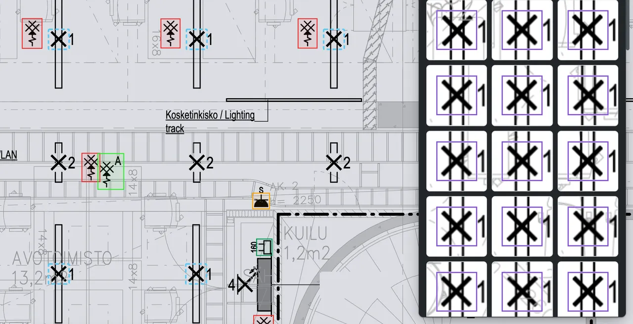 Find similar: the similar symbols found in the drawing are marked, and the matches are shown side by side in a list.