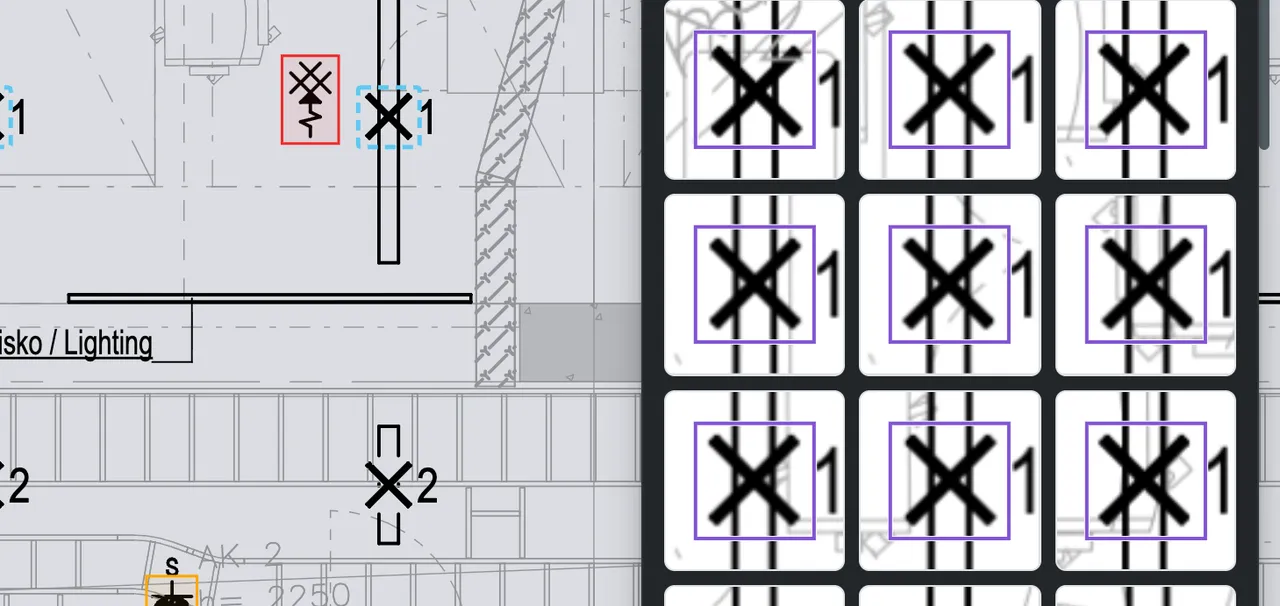 The similar symbols found, side by side and marked on the drawing.
