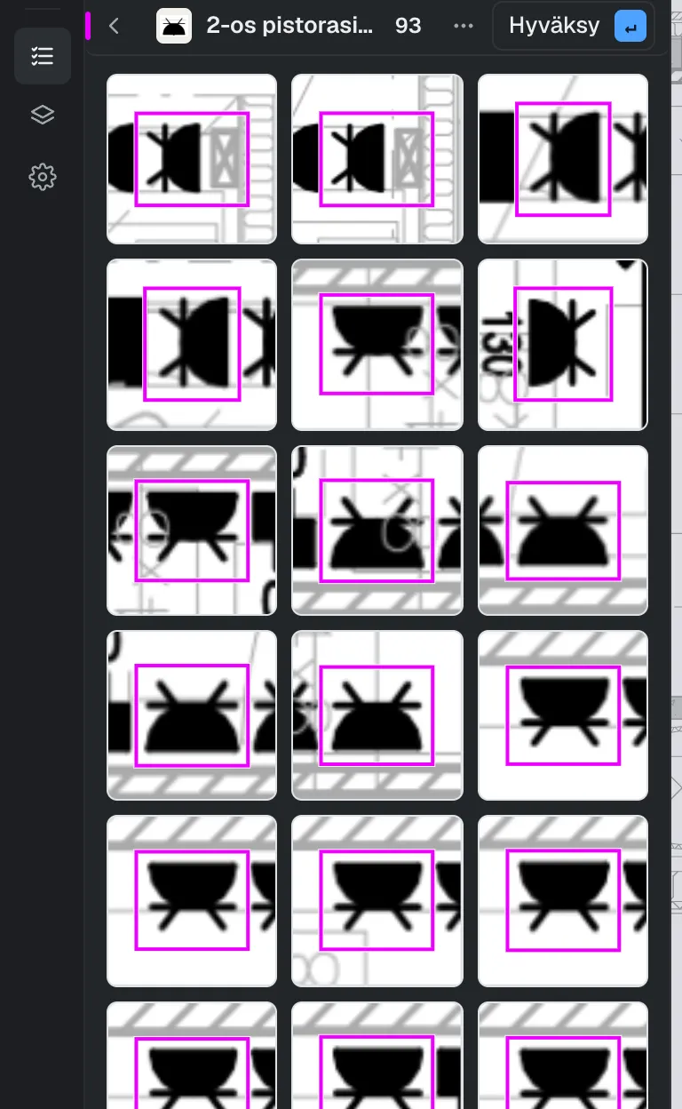 One symbol type open on the checklist: 2-gang socket, flush, quantity 93, the Approve button and the type’s matches cropped from the drawing, side by side.