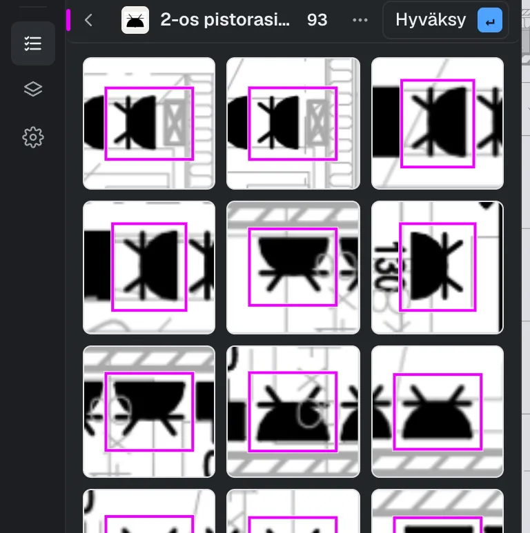 Matches for one symbol type, each cropped from the drawing, side by side.