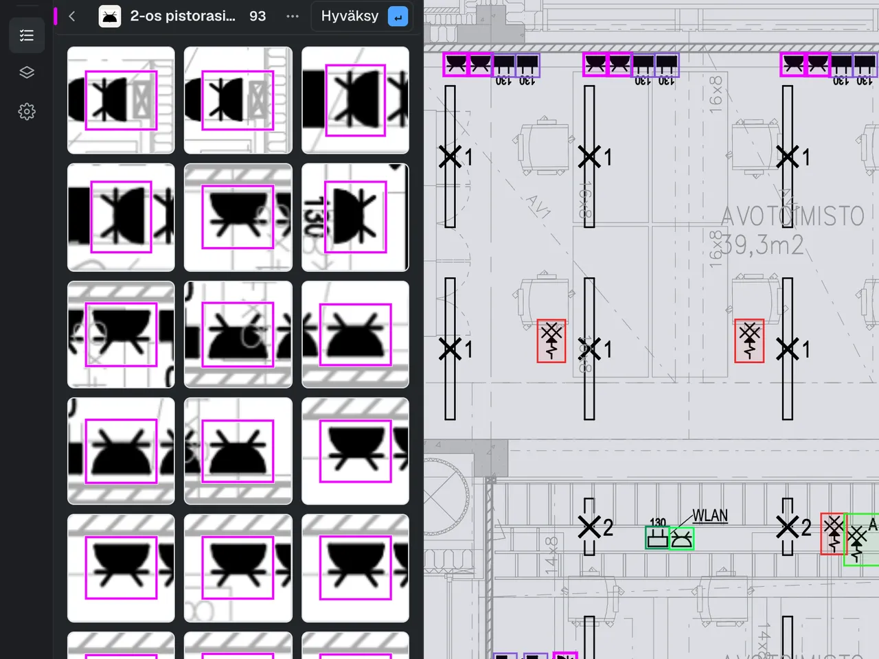 One symbol type open on the checklist: 2-gang socket, flush, quantity 93, the Approve button and the type’s matches cropped from the drawing, side by side.