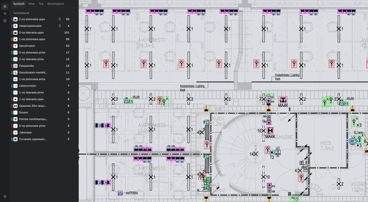 The Tasma workspace: the list of symbol types to check on the left and the drawing, with the recognised symbols in coloured boxes.
