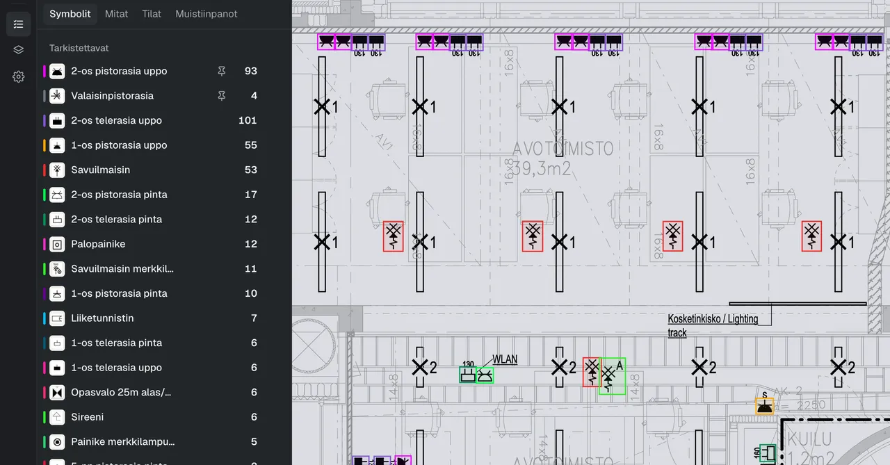 Workspace: the list of symbol types to check on the left and the symbols recognised in the drawing in coloured boxes.